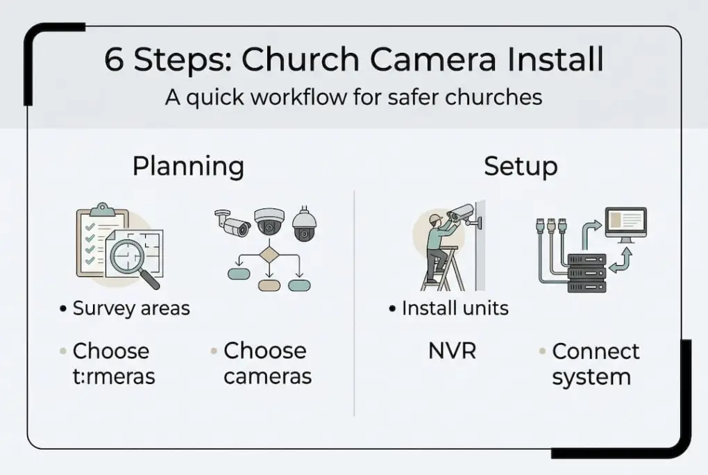 Infographic diagram of church camera install steps