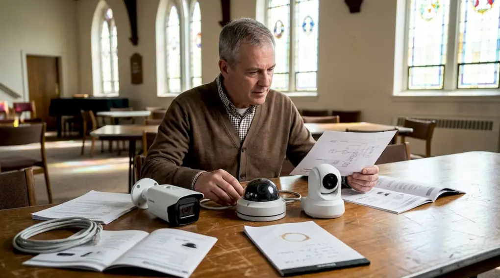 Church staff comparing types of security cameras