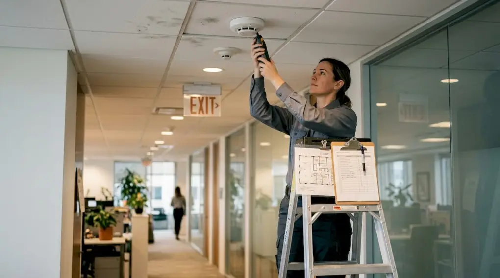 Technician testing ceiling fire detector device