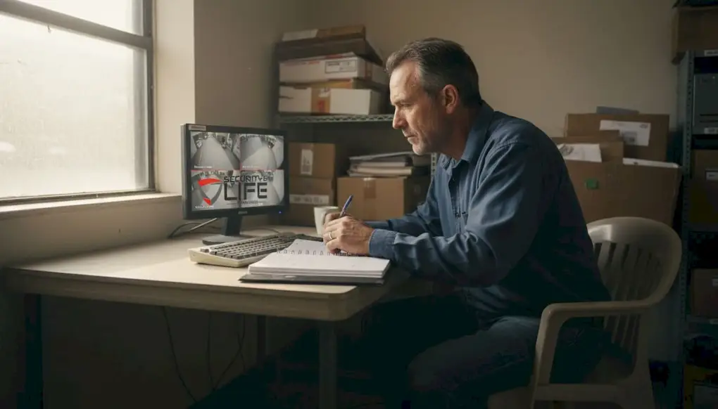Maintenance worker reviewing apartment security video