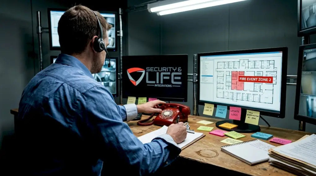 Central station operator monitors fire alarms
