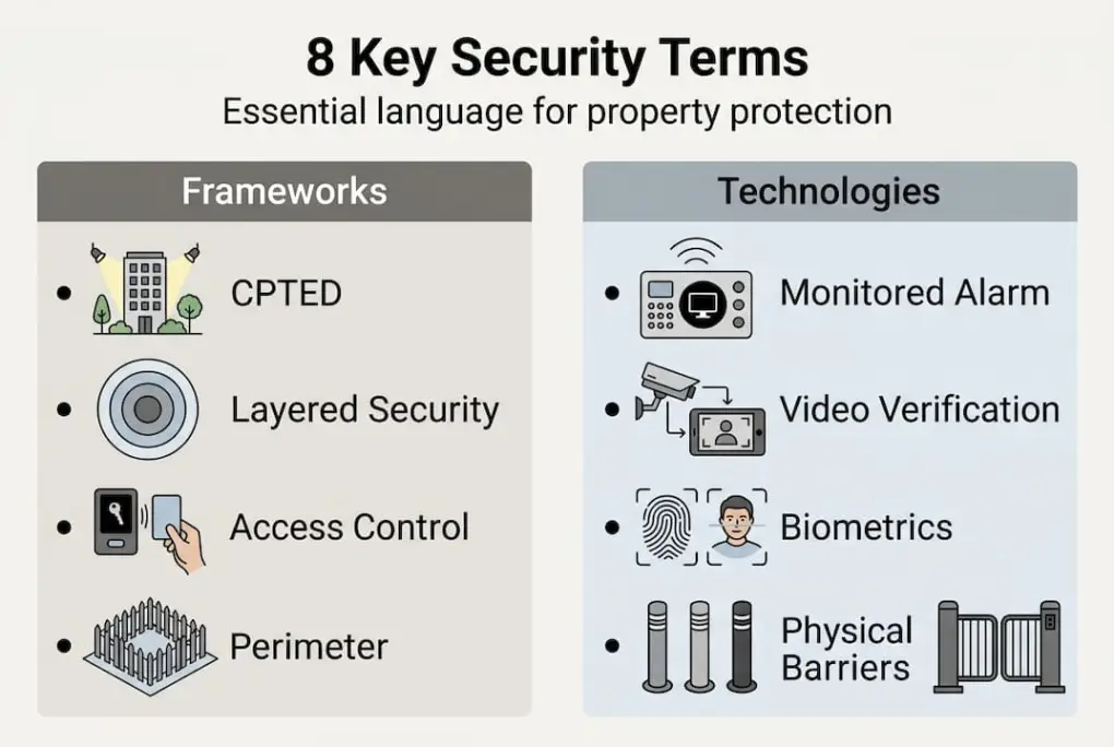 Infographic with eight key property security terms