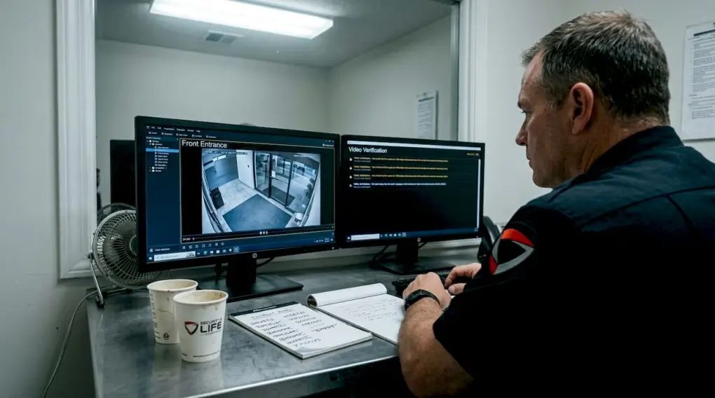 Security officer monitors alarm station screens