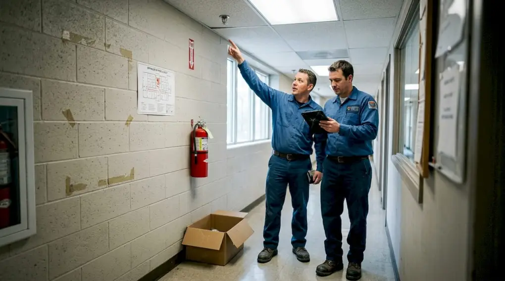 Maintenance staff inspecting fire sprinkler system