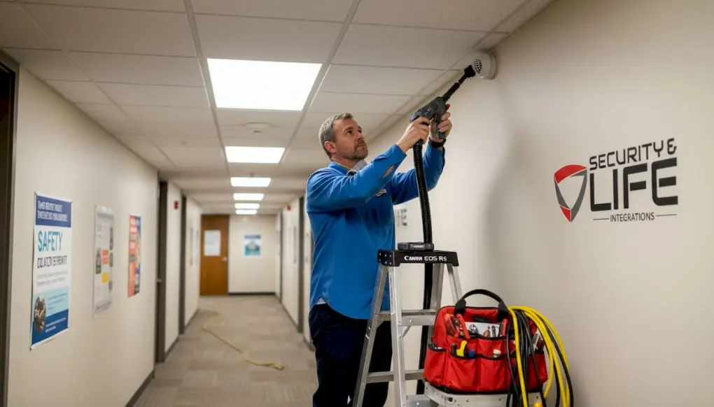 Technician cleaning smoke detector on ceiling