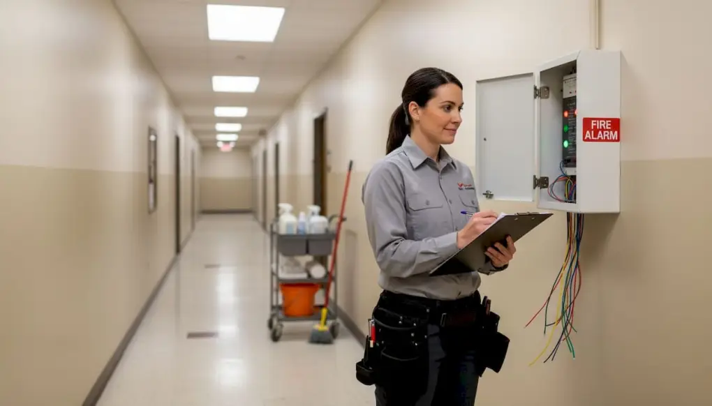 Technician inspecting fire alarm panel with clipboard