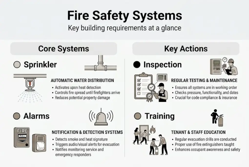 Infographic of core fire safety systems and actions