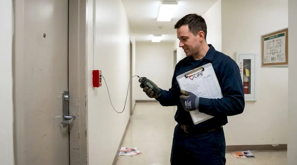 Technician testing fire alarm in hallway