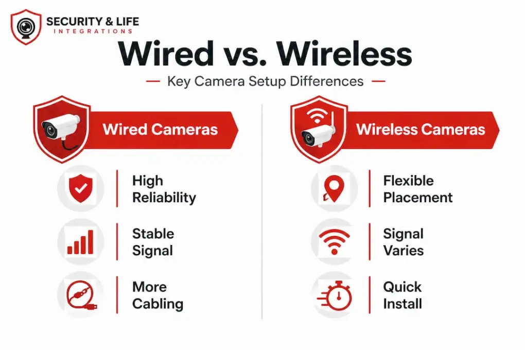 Infographic comparing wired and wireless security cameras