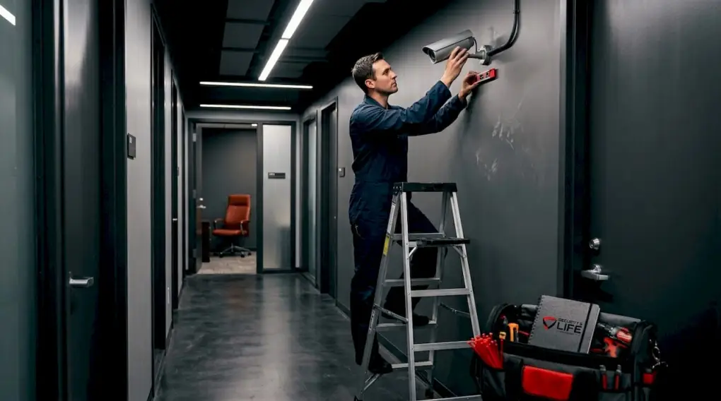 Technician adjusting camera height in hallway