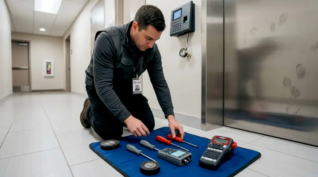 Technician prepares access control install tools