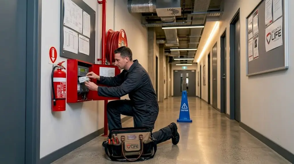 Technician upgrading fire alarm panel in hallway