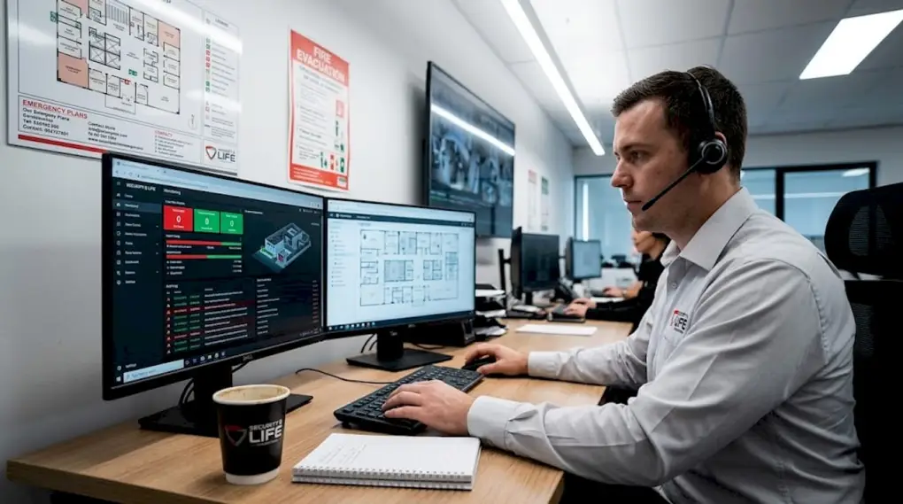 Technician monitors fire alarm alerts at desk