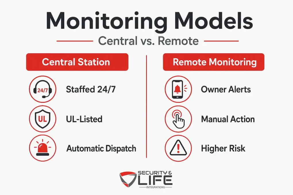 Infographic comparing central station and remote fire monitoring