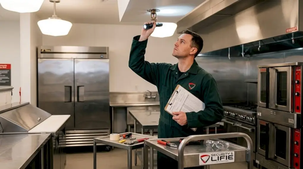 Technician inspects sprinkler system head in utility room