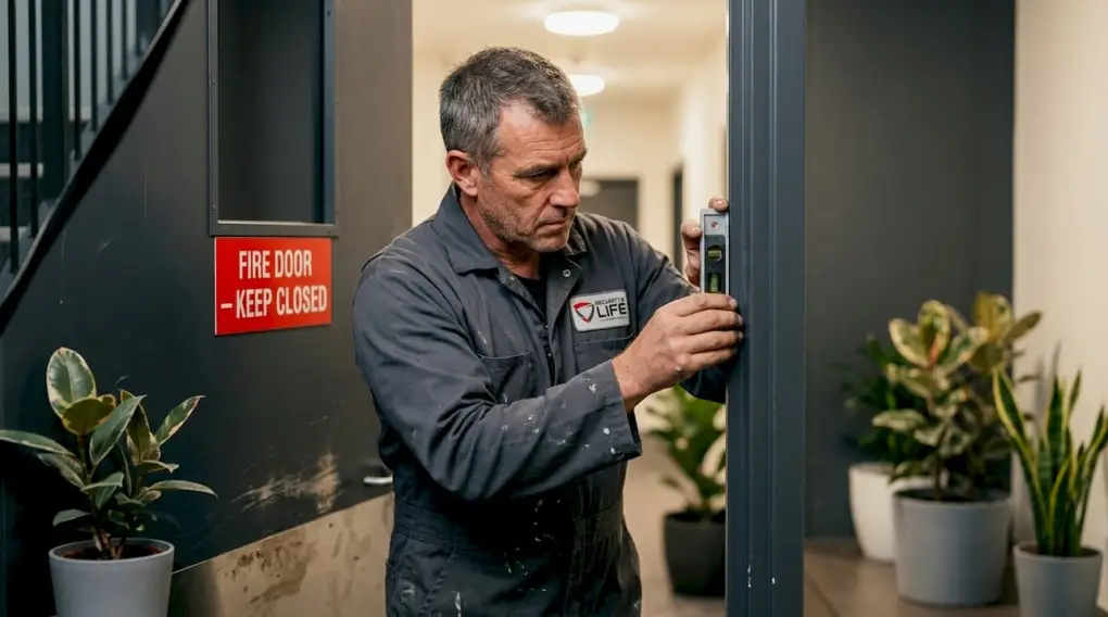 Maintenance worker inspects office fire door safety