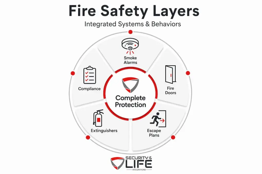 Infographic illustrating core layers of fire safety system