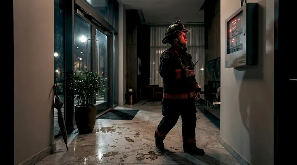 Firefighter responding to fire alarm in apartment lobby