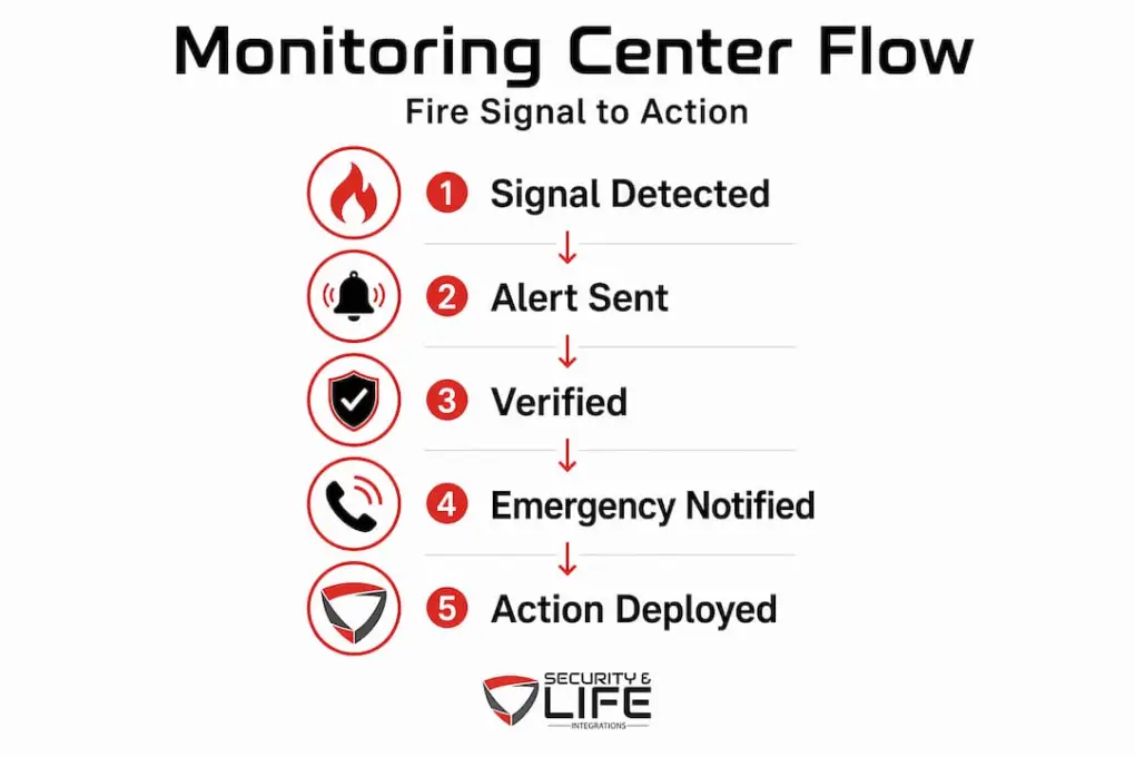 Step-by-step infographic, fire alarm to emergency action