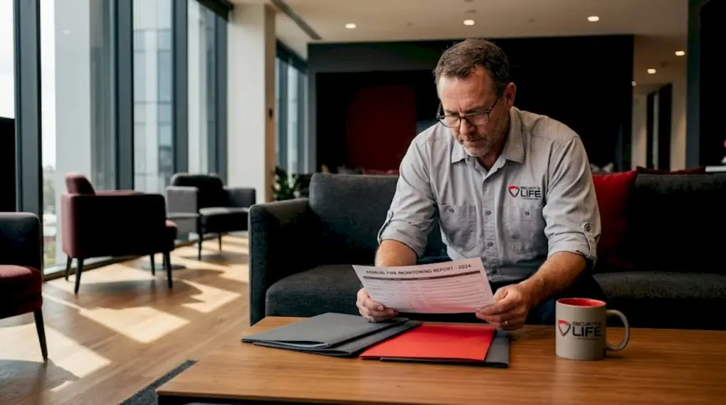 Property manager reading printed fire monitoring report