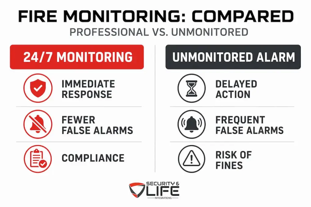 Infographic comparing monitored and unmonitored fire systems