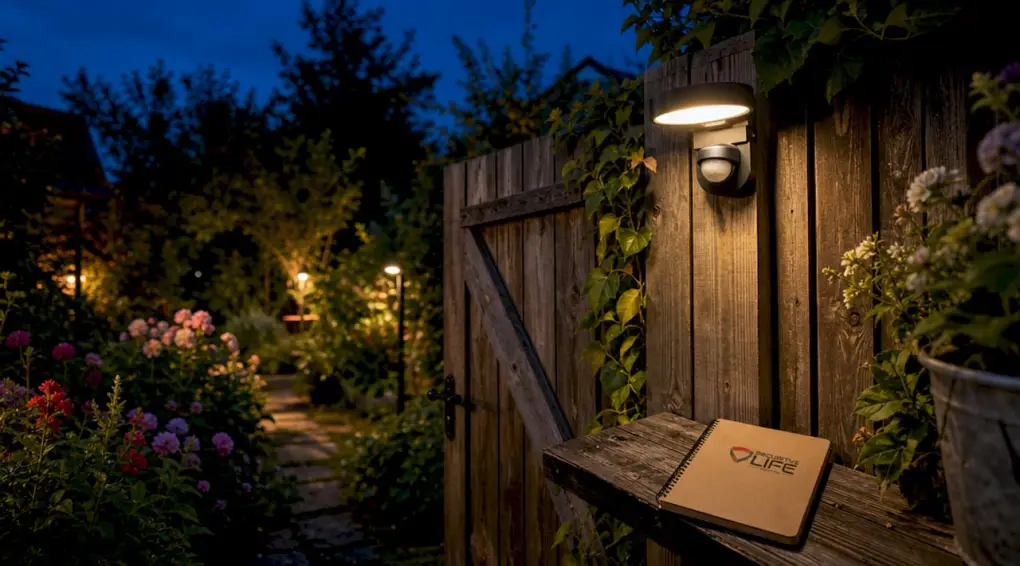 LED motion sensor light illuminating property entrance