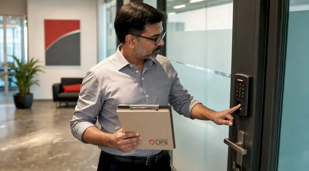 Engineer inspecting advanced access control door system