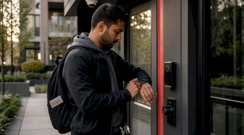 Hands holding smartphone near secured entrance